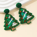 Beaded Christmas Tree Drop Earrings Rhinestone Sequin Pink Green view 2