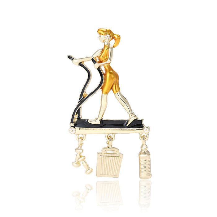 Enamel Walking Woman Brooch with Charm Tassels Dangle Pin