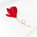 Red Tulip Brooch In Metal With Satin Red Petals And A White Faux Pearl Accent view 3