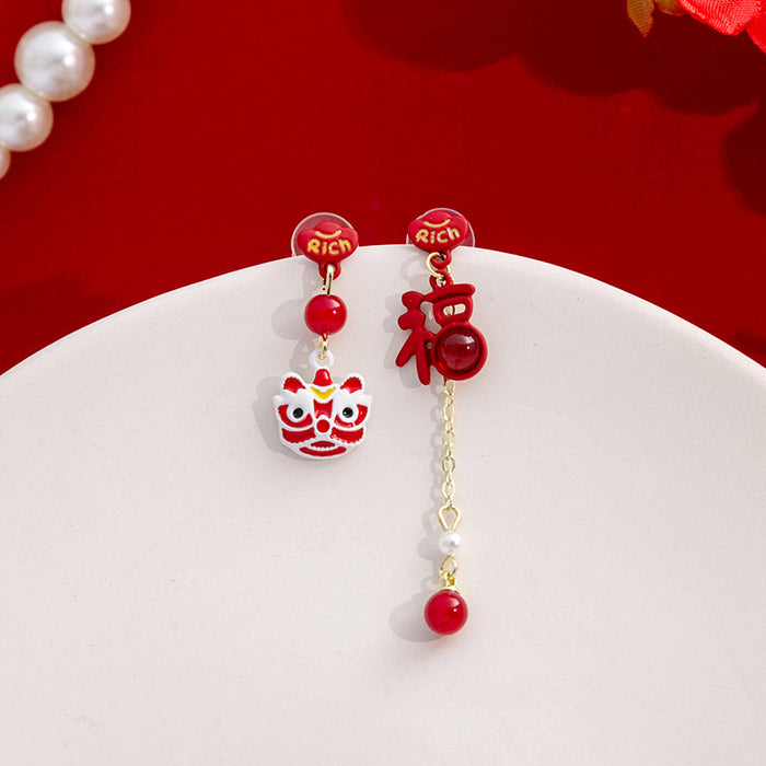 Red Lion Dance Fu Charm Asymmetric Drop Earrings Pearls