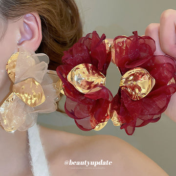 Blush And Burgundy Chiffon Flower Statement Stud Earrings