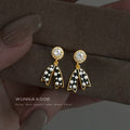 Gold Tone Black Enamel Bow And Pearl Drop Earrings With Clear Stone view 1