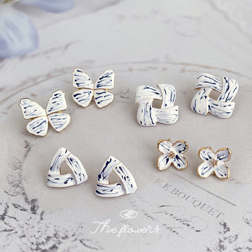 Blue White Porcelain Flower Triangle Geometric Butterfly Studs