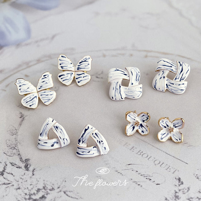Blue White Porcelain Flower Triangle Geometric Butterfly Studs