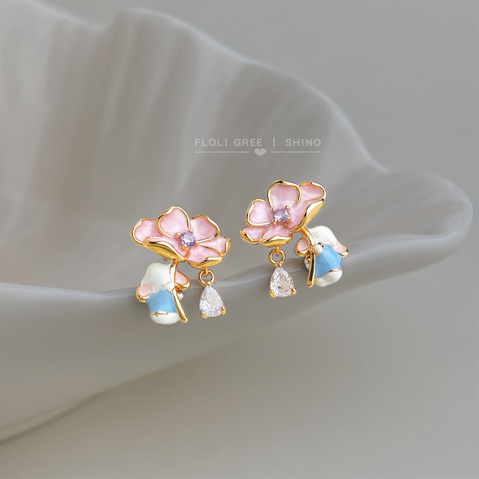 Gold Tone Pink Flower Blue Green Leaf And Clear Teardrop Stud Earrings