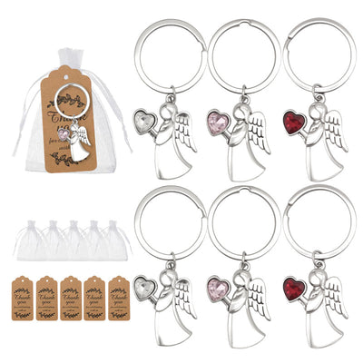 Six angel heart keychains with organza bags and thank-you tags