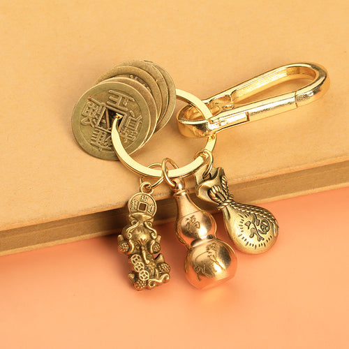Brass Fortune Gourd Pixiu Keychain Car Key Holder Charm
