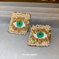 Gold Tone Pearl Framed Green Eye Stud Earrings Fashion Jewelry view 4