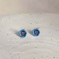 Gold Tone Blue Five Petal Flower And Red Center Stud Earrings view 3