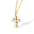 Gold Tone Faux Pearl Cross Pendant Necklace Cable Chain view 5