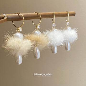 White Pom Pom and Faux Pearl Gold Tone Hook Earrings