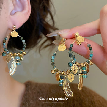 Green Beaded Hoop Charm Clip Earrings with Distinctive Textured Details