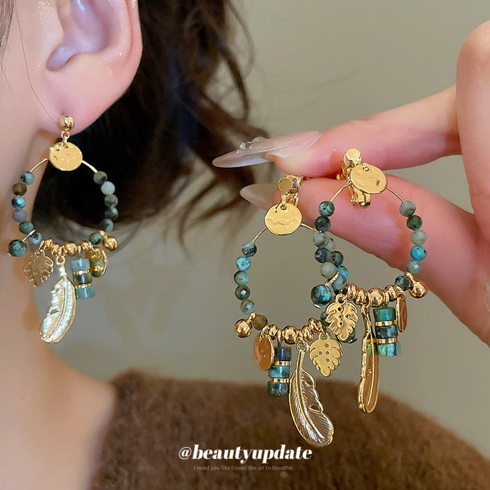 Green Beaded Hoop Charm Clip Earrings with Distinctive Textured Details