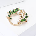 Gold Tone Green Enamel Leaf Wreath Pearl Flower Brooch view 2
