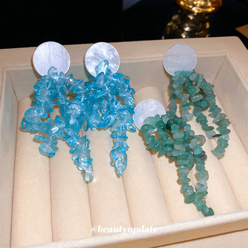 Blue And Green Beaded Cascade Stud Earrings With Decorative Details