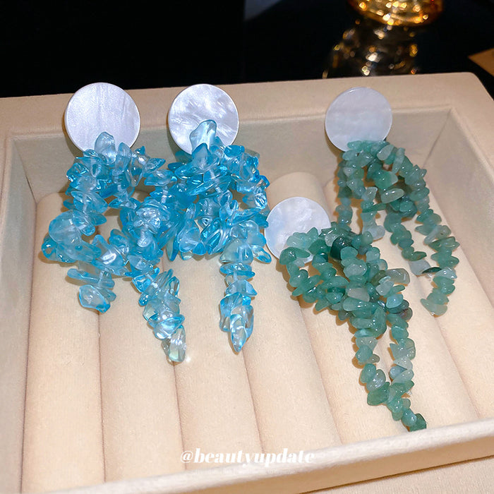 Blue And Green Beaded Cascade Stud Earrings With Decorative Details