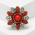 Antique Bronze Beaded Flower Brooch Turquoise Red Two Colors view 3