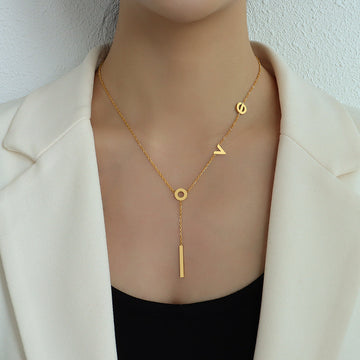 Love Letter Y Tassel Bar Pendant Necklace Rose Gold Steel