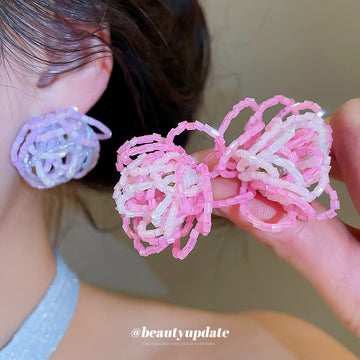 Woven Crystal Ball Stud Earrings in Pink and Purple