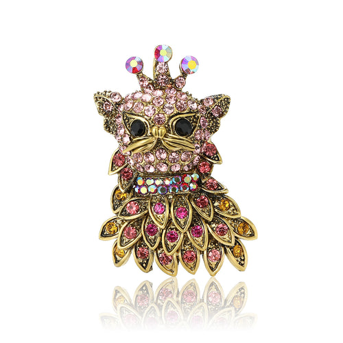 Pink rhinestone crown cat brooch gold tone front view