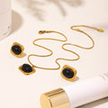 Gold Steel Black Agate Pendant Necklace Seed Bead Chain Stud Earrings view 4