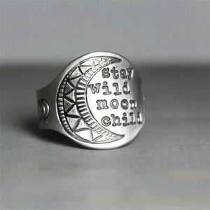 Antique Silver Stay Wild Moon Child Disc Ring Sizes 5-12