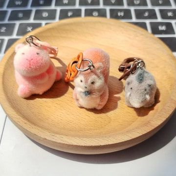 Flocked Squirrel and Rhinoceros Clip Keychains in Two Animal Styles
