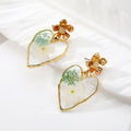 Gold Tone Heart Outline Pressed Flower Resin Drop Earrings view 6
