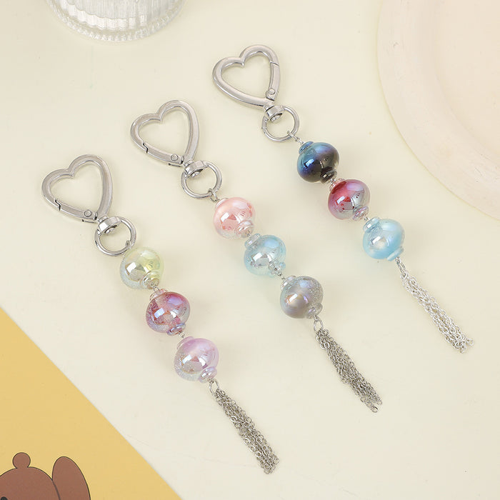 Heart Clasp Gradient Bead Tassel Keychain Three Colorways