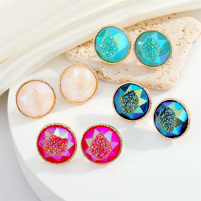 Gold Tone Round Faceted Druzy Resin Stud Earrings in Four Colors