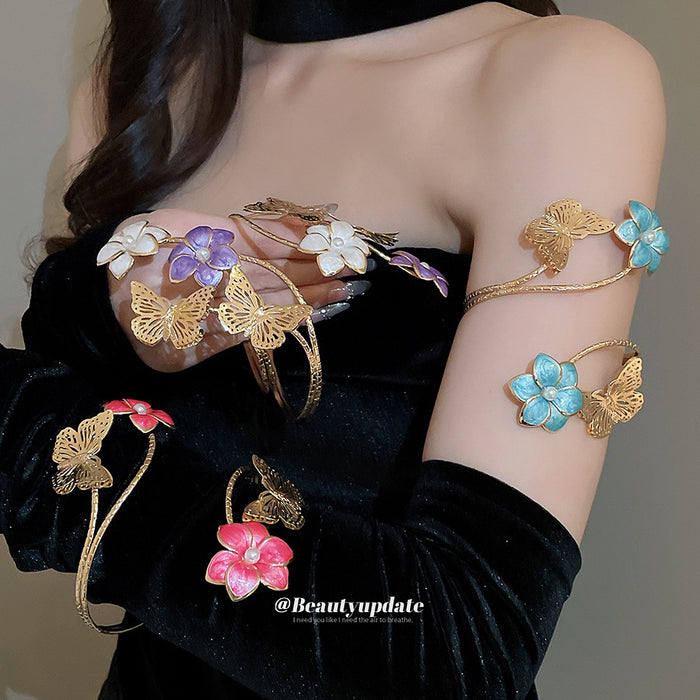 Gold Spiral Arm Cuffs Enamel Flowers Butterflies Five Colors
