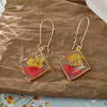 Gold Tone Square Clear Resin Pressed Flower Long Hook Earrings view 5