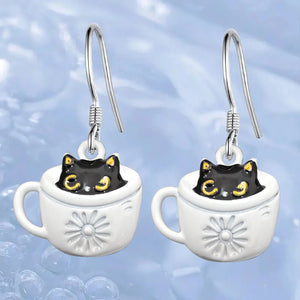 Black Cat Coffee Cup Drop Earrings in Silver Tone Jewelry