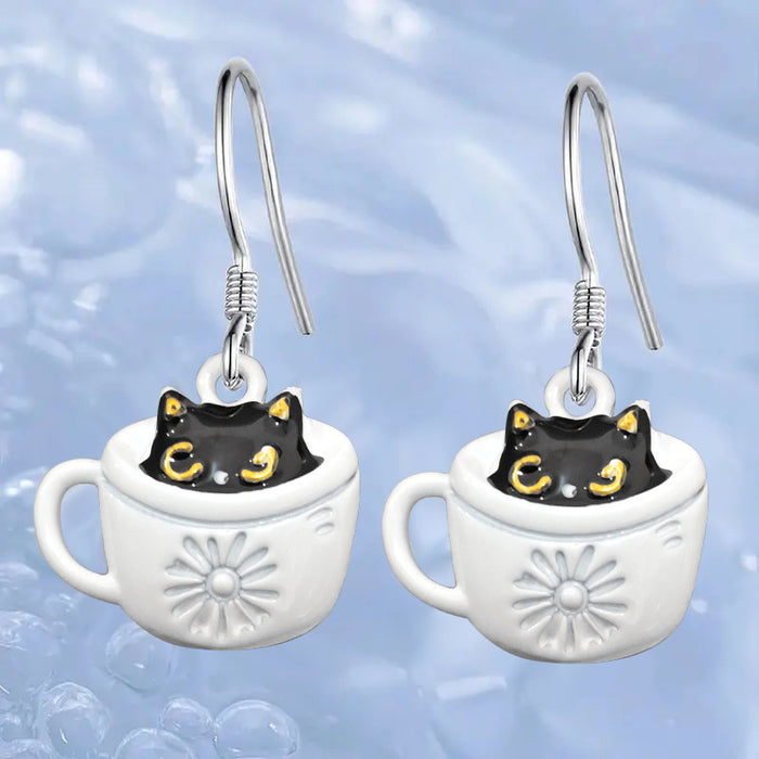 Black Cat Coffee Cup Drop Earrings in Silver Tone Jewelry