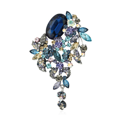 Multicolor rainbow glass tassel floral cascade brooch front view
