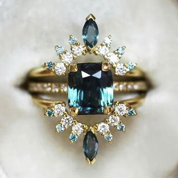Gold Tone Teal Emerald Cut Center Crown Enhancer Ring Set
