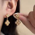 Double Pearl Cluster Drop Earrings with Gold Tone Settings view 4