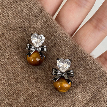 Silver Tone Crystal and Brown Cabochon Drop Stud Earrings