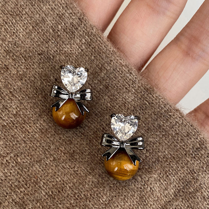Silver Tone Crystal and Brown Cabochon Drop Stud Earrings