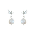 Silver Tone Leaf Branch Irregular White Pearl Drop Stud Earrings view 5
