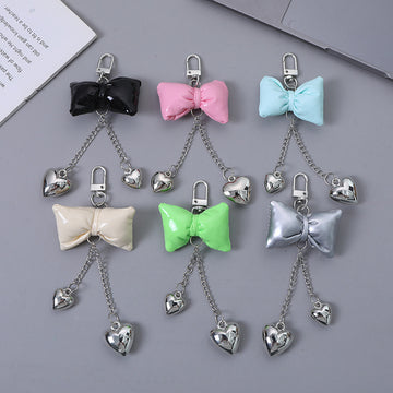 Glossy Patent Bow Keychain with Two Dangling Heart Charms