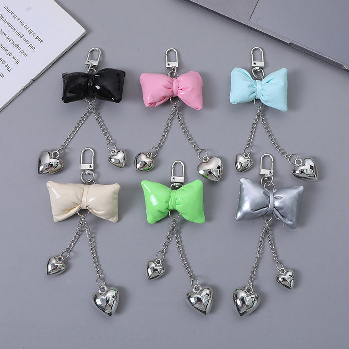 Glossy Patent Bow Keychain with Two Dangling Heart Charms