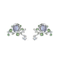 Silver Tone Purple Flower Green Leaf Earrings In Stud And Clip On Styles view 5