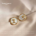 Gold Round Rose Stud Earrings White Inlay Wavy Frame view 2