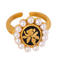 Pearl Halo Open Ring Black Enamel Gold Flower Motif view 5