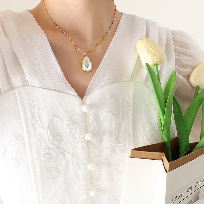 Teardrop White Shell Pendant Necklace Blue Center Stone
