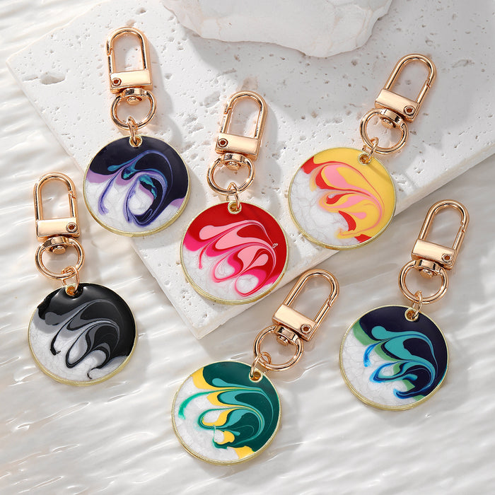 Gold Tone Round Marbled Swirl Enamel Clip Keychains in Six Colors