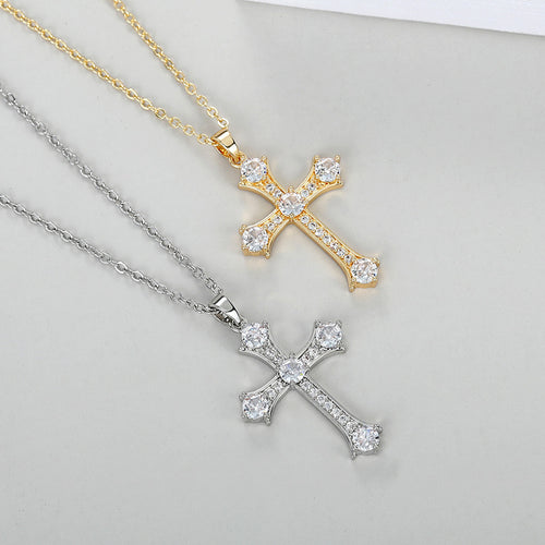Second product view showing clear-stone cross pendant necklace
