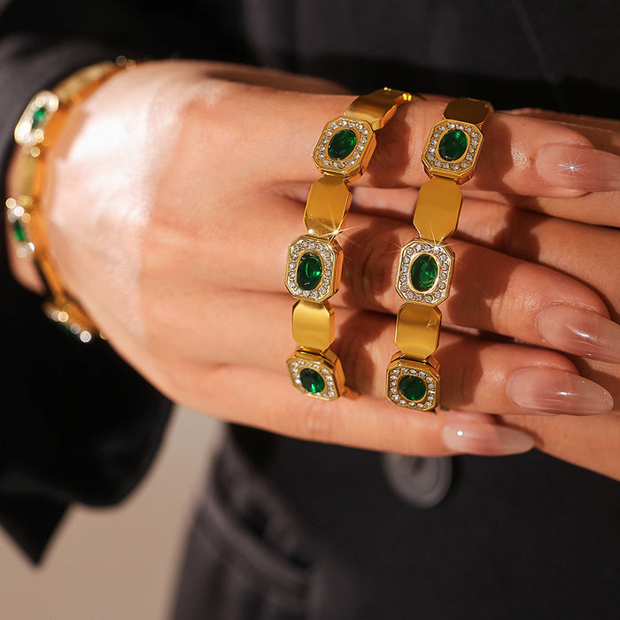 Gold Hinged Bangle Green Stone Zircon Glass Settings