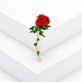 Red Enamel Rose Brooch Gold Tone Stem Green Glitter Leaves view 6